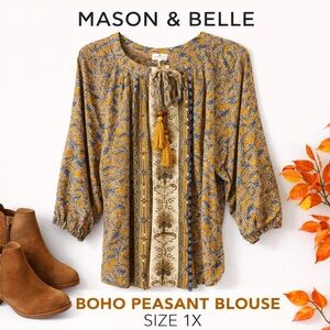 Mason & Belle 1X Boho Peasant Blouse Mustard Floral Tassel Tie Rayon